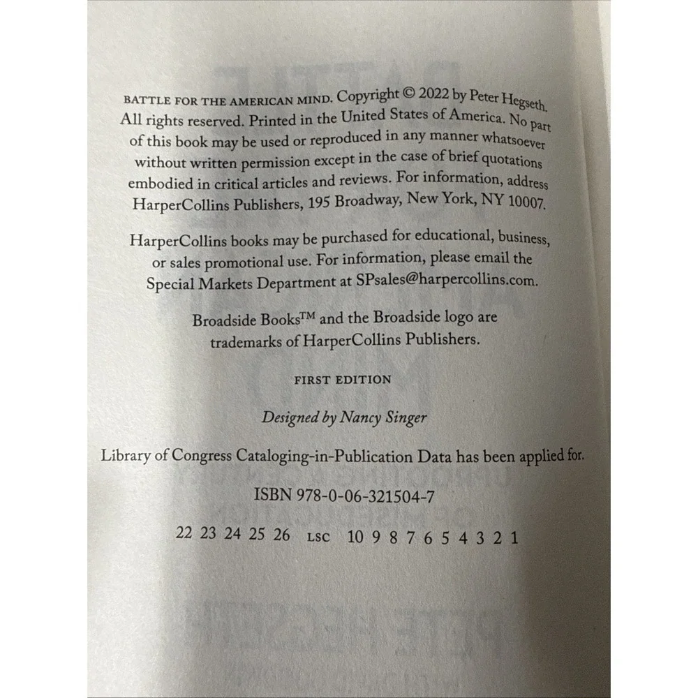 Battle for the American Mind Pete Hegseth 2022 First Edition - Kreskin coll.‎